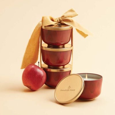 Thymes Simmered Cider Candle Tin with Gold Lid stacked 
